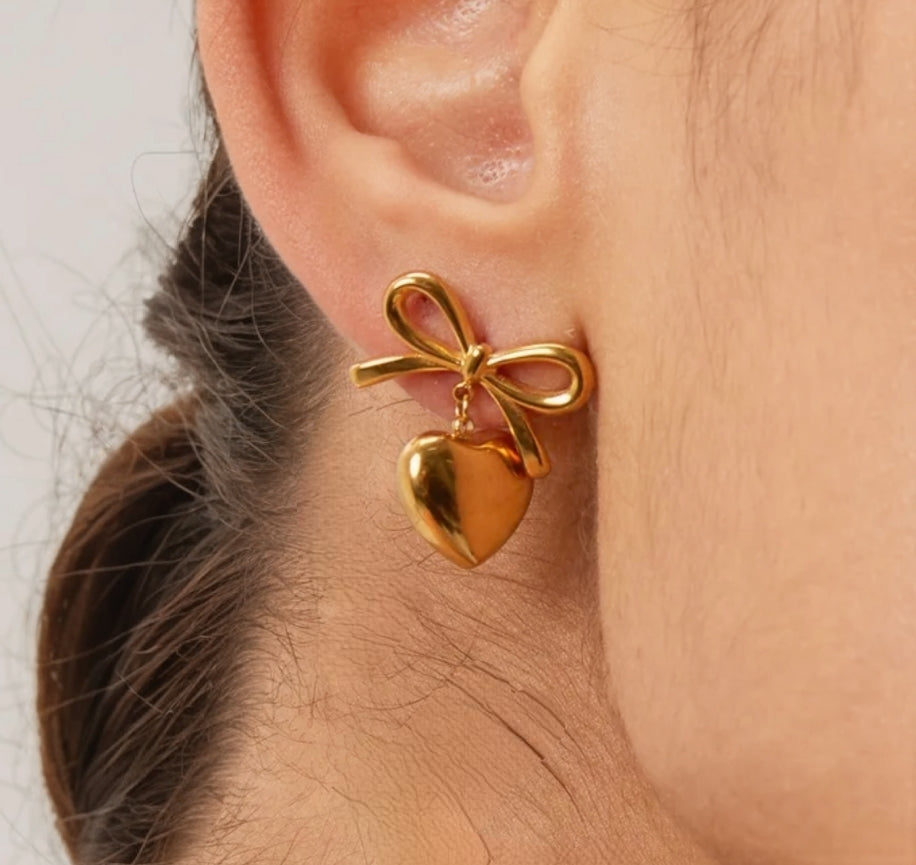 Golden Bow Heart Studs